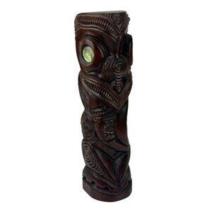 Wooden Tiki Totem Pole Carved in Rotorua New Zealand Abalone Shell Eye Maori VTG